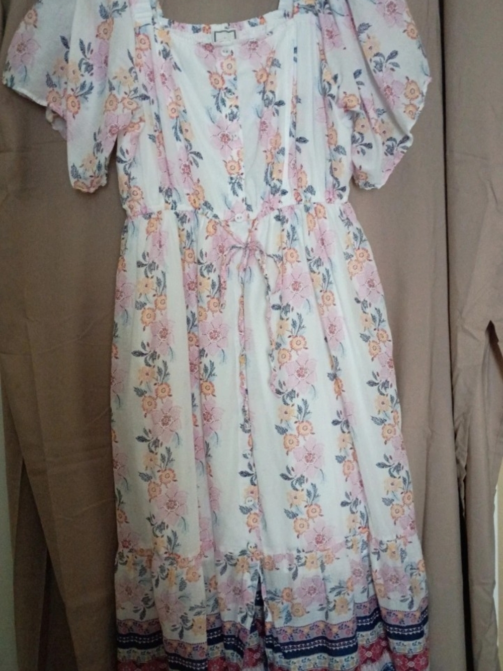 White Maxi Dress with Pink Floral Print and Tie Waist